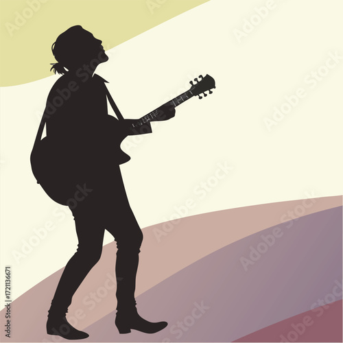 Silhouette of a musician playing an electric guitar against a colorful backdrop