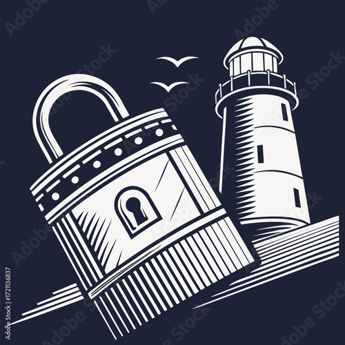A lighthouse and padlock illustration on a dark blue background
