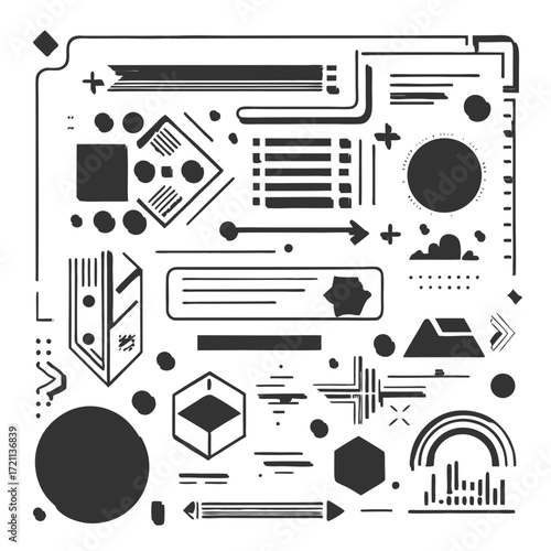 Abstract geometric shapes and technical diagrams on black background