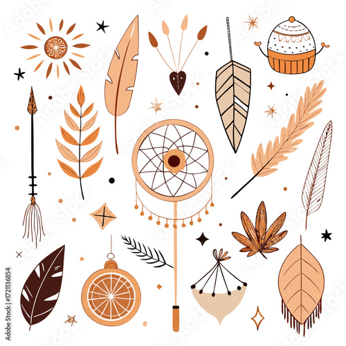 Bohemian style elements with feathers dreamcatcher and sun on black background