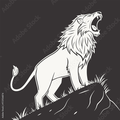 Roaring lion illustration in black and white standing on a grassy mound