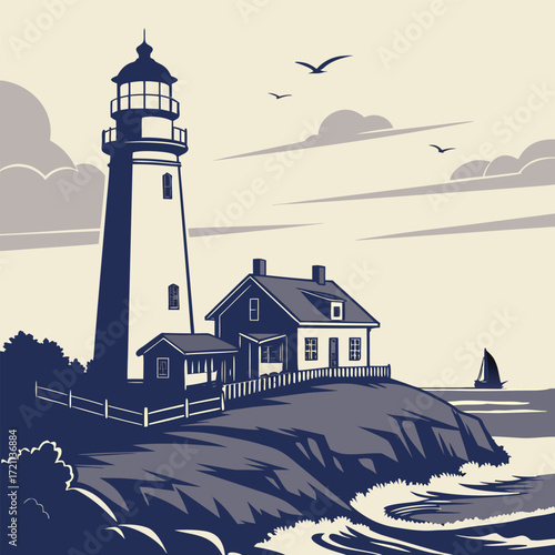 Coastal scene featuring a traditional lighthouse and charming keeper s house