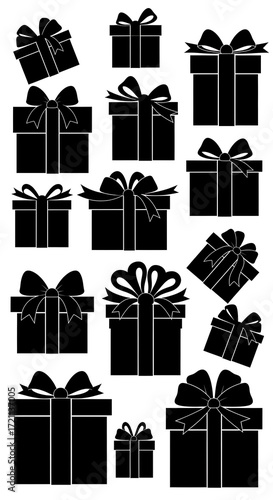 Gift Boxes Silhouettes, Festive, Black and White, Design Elements.