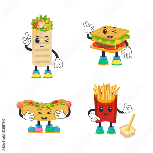 Vector illustrations of fast food with emoji