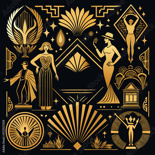 Art deco gold geometric patterns and figures on black background