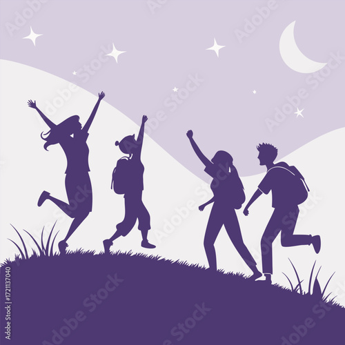 Silhouetted friends joyfully leaping and running under a starry night sky