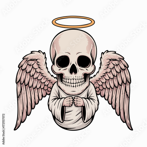 Cartoon Angelic Skull with Pink Eyes Halo and Feathered Wings.