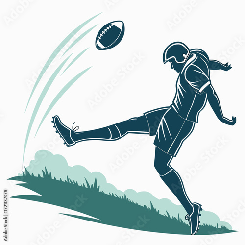 American football player in action kicking the ball during a game