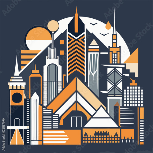 Modern cityscape with geometric buildings and abstract elements