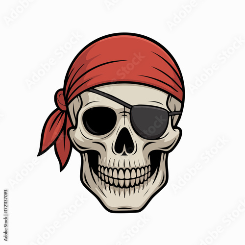 Cartoon Pirate Skull with Red Bandana Black Eye Patch and Pink Eye.