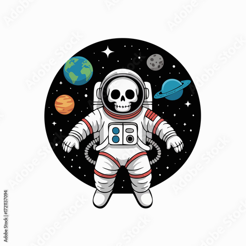 Cartoon Skeleton Astronaut Surrounded by Planets and Stars in Outer Space.