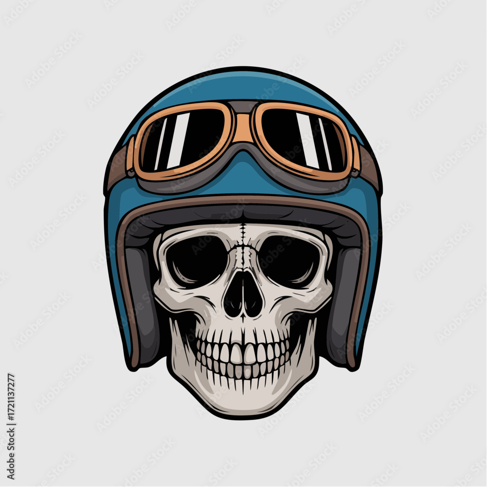 Fototapeta premium Skull with Blue Motorcycle Helmet and Goggles Front View Detailed Illustration.