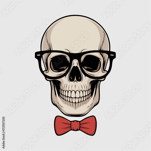 Cartoon Skull with Blue Nose Black Glasses and Red Bowtie Illustration.