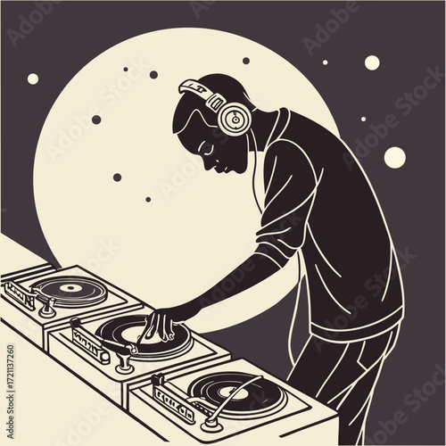 A stylish dj mixing music with turntables under a full moon