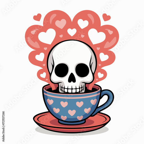 Skull with mismatched eyes in a heartpatterned teacup with heartshaped steam.