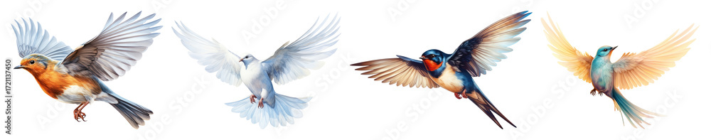 Obraz premium PNG Colorful birds in flight, element set on transparent background