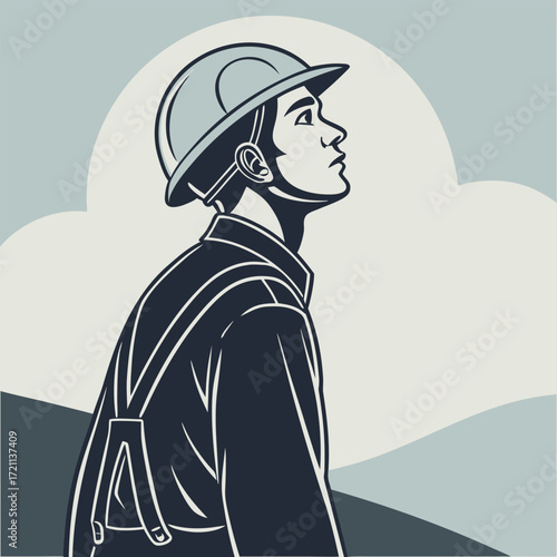 A vintage illustration of a man wearing a military helmet side profile
