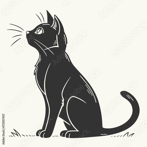 Elegant black cat illustration with a focused upward gaze and curved tail