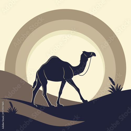 Minimalist silhouette of a camel walking across a desert landscape illustration