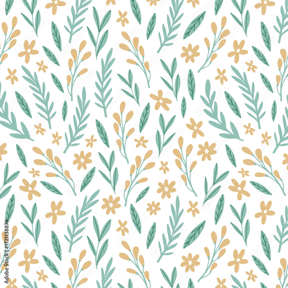 Fototapeta premium Doodled botany plants seamless repeat pattern. Random placed, various vector flowers, leaves, herbs, berries and branches illustration all over surface print on white background.