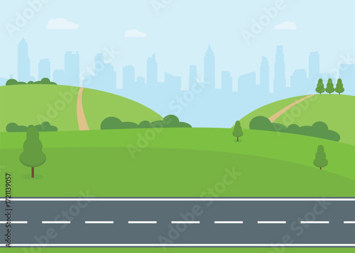 Flat design of a straight empty road through the countryside with a city in the background. Stock Illustration
