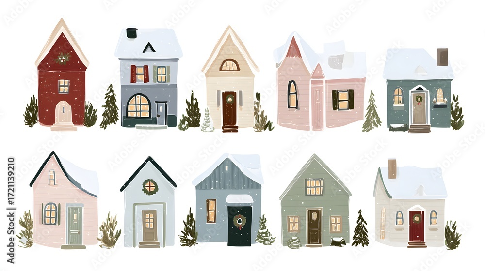 Fototapeta premium Cute cartoon houses in winter. Flat illustration on a white background. Hand drawn watercolor illustration of houses in the city. Christmas card