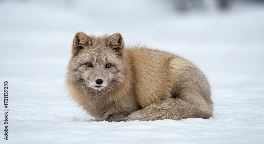 Naklejka premium Alert Tan Fox Sitting Calmly in Snowy Winter Landscape
