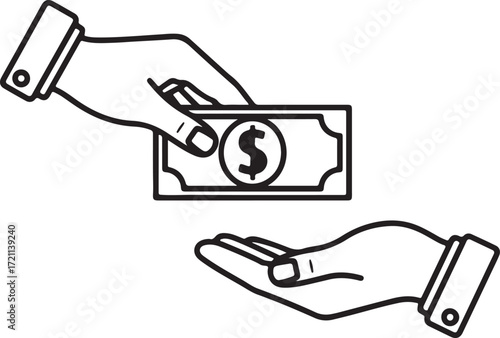 Illustration of hand giving money to another hand isolated on white background