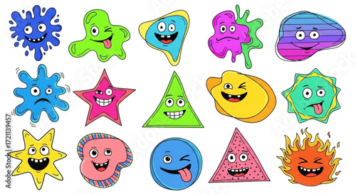 A collection of whimsical, brightly colored abstract and geometric shapes featuring quirky and playful cartoon faces with different happy and mischievous expressions.