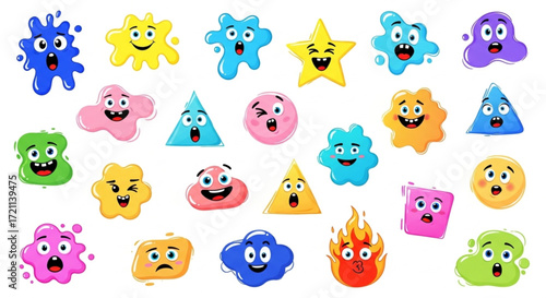 A set of cartoonish, colorful blob and geometric shapes with various funny and surprised facial expressions, perfect for playful designs.
