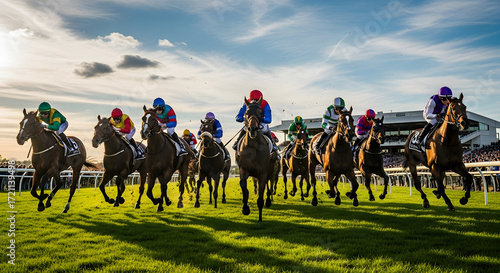 jockey during a race on his horse goes to the finish line in first place with other competitors on a racetrack