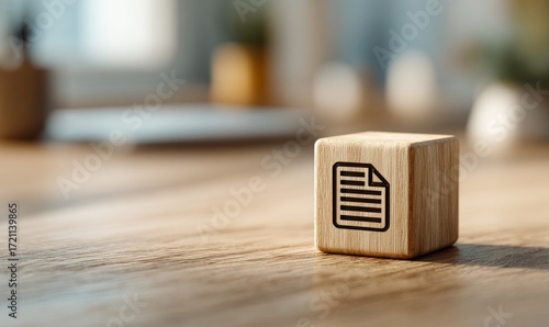 Document Symbol on Wooden Block: A simple, minimalist photograph showcasing a single wooden block, bearing a clearly etched document symbol, sits serenely on a polished wood surface.