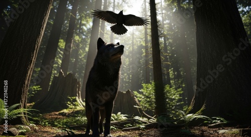 Majestic Black Wolf Gazing at a Raven in a Mystical Sunlit Forest
