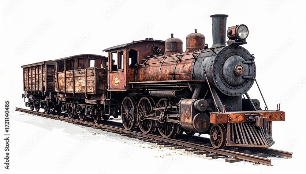 Obraz premium Linked vintage wooden train cars with weathered textures white background—evoking quiet dignity, craftsmanship, and echoes of early rail travel.