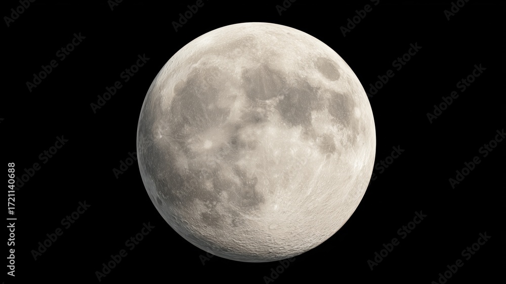 Naklejka premium 満月の美しいクレーターの詳細な写真。宇宙や天体関連の資料に最適な月の画像。