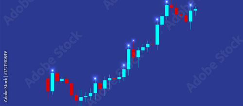 Financial candlestick chart displaying price movements over time, with teal and red candles, wicks, and glowing highlights on a deep blue background for market analysis