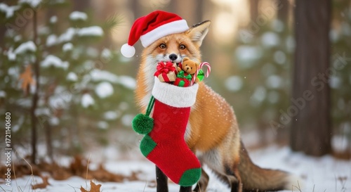 Adorable Fox in Santa Hat Holding Christmas Stocking with Gifts in Snowy Forest