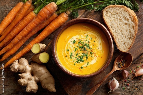 Creamy carrot ginger soup in a ceramic bowl with a bread slice on the side, top-down view, fresh ingredients