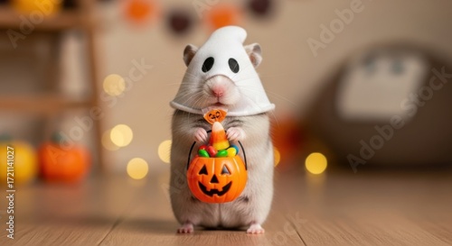 Adorable Hamster in Ghost Costume Holding a Pumpkin Trick-or-Treat Bucket