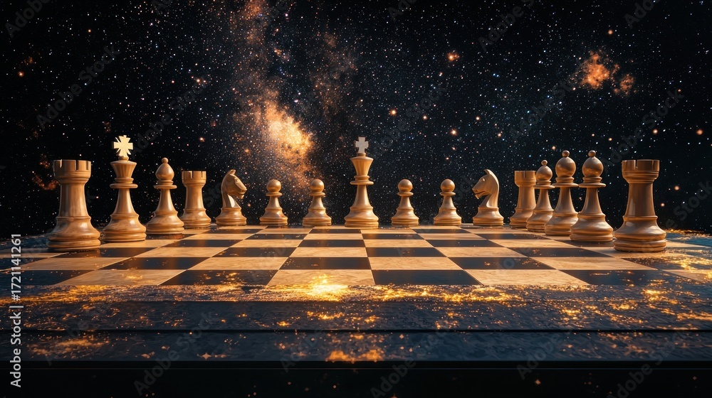 Fototapeta premium Chessboard with Pieces in Cosmic Setting.