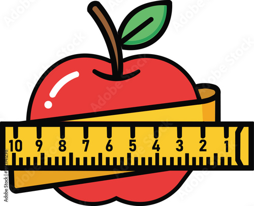 Vector illustration red apple with measuring tape isolated on white background. concept for diet, healthy eating, and weight loss.