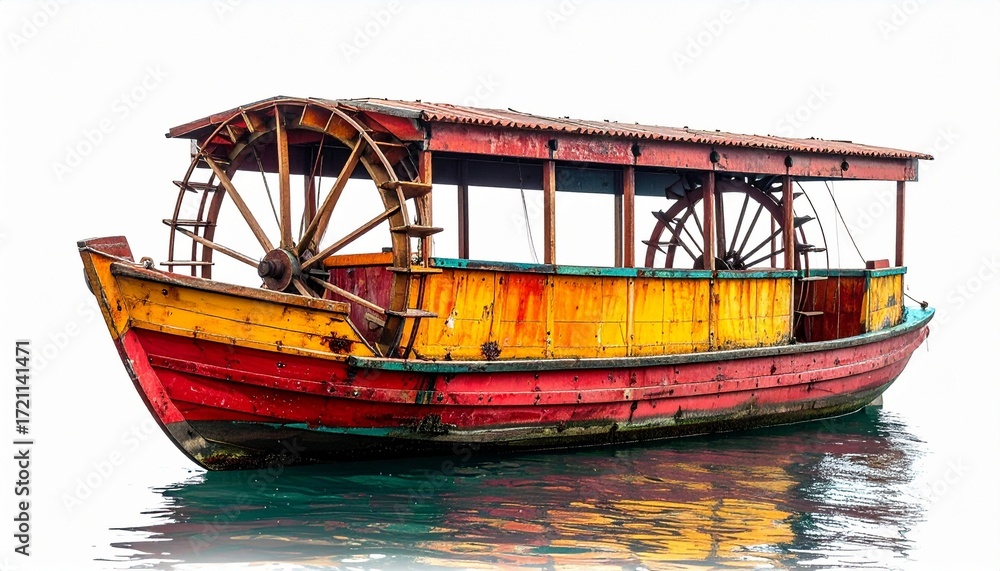 Fototapeta premium Colorful paddle boat with central wheel white background—retro propulsion meets playful design.