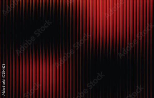 Ribbed glass abstract texture with vertical stripes in glowing red, orange,  gradient on black, futuristic bold luminous background with geometric symmetry, modern vector illustration design