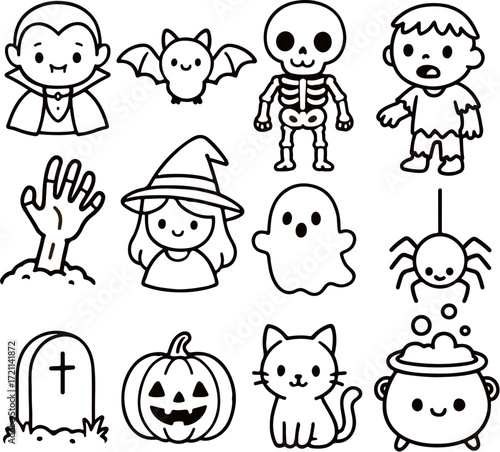Vector black and white Halloween clipart set