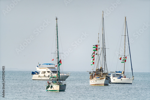 The Sumud Flotilla anchored off the coast of Sidi Bou Said, Tunisia, during its voyage as part of an international solidarity initiative to support Gaza
