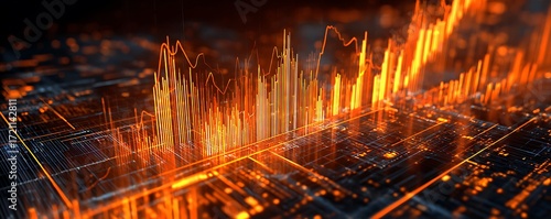 Sharp neon charts and AI computations layered over orange tech circuits