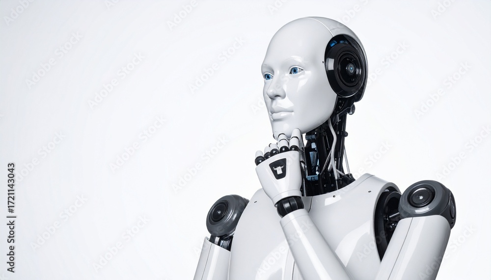 Naklejka premium Humanoid robot in thought—sleek intelligence meets synthetic contemplation white background