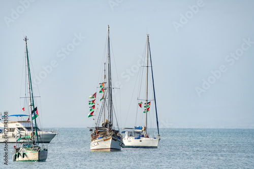 The Sumud Flotilla anchored off the coast of Sidi Bou Said, Tunisia, during its voyage as part of an international solidarity initiative to support Gaza
