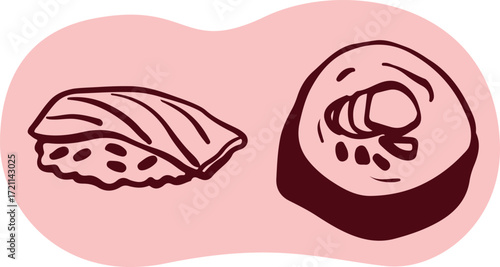 Sushi japanese food logo for sushi restaurant or delivery. Hand drawn elements for menu design, vector colorful illustration collection.	
