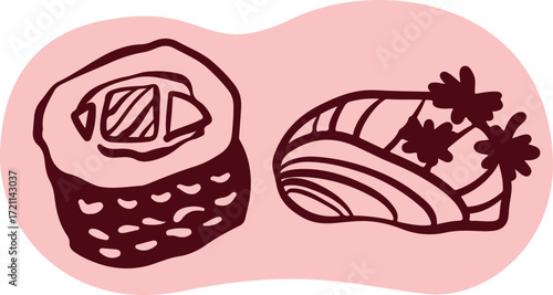 Sushi japanese food logo for sushi restaurant or delivery. Hand drawn elements for menu design, vector colorful illustration collection.	